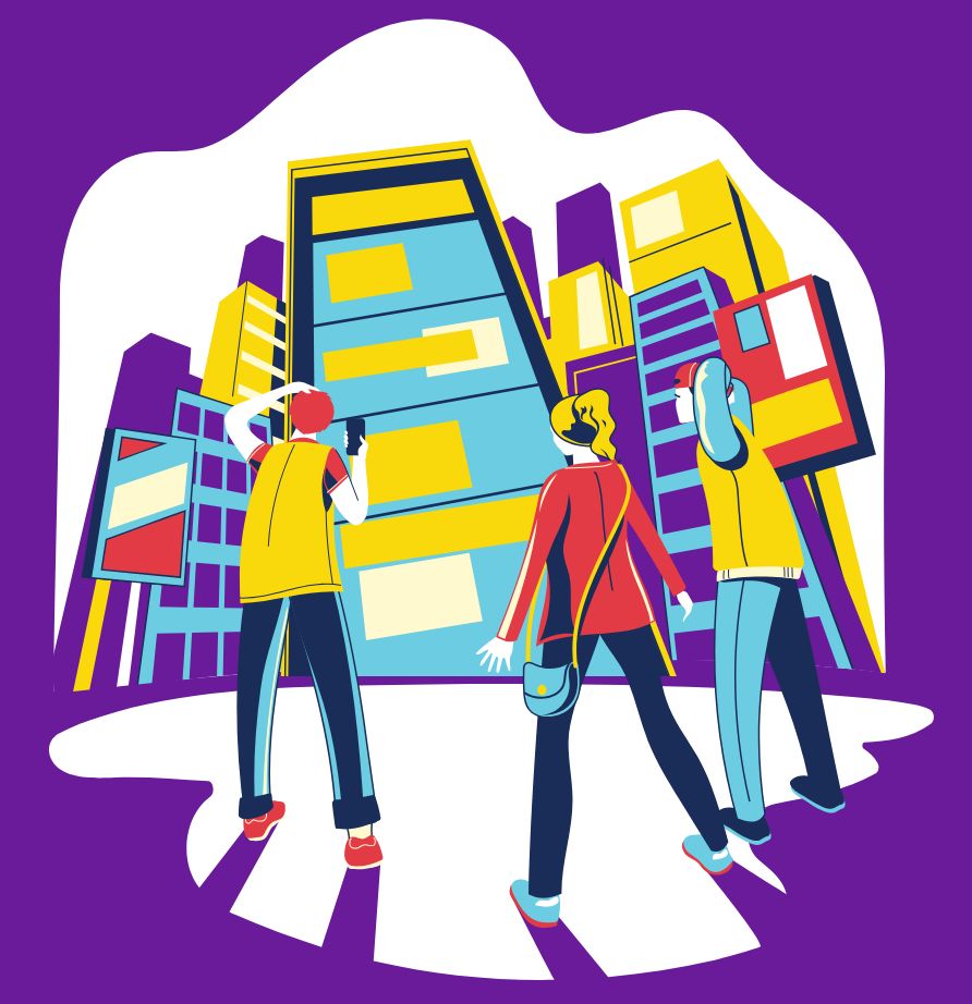 Tour guide speaking to a group in a busy city with clear positioning and voice control - Verbara