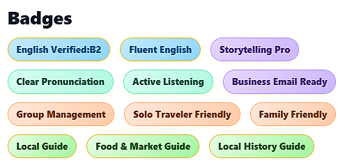 Verbara verification badges: Fluent English, Storytelling, and Hospitality