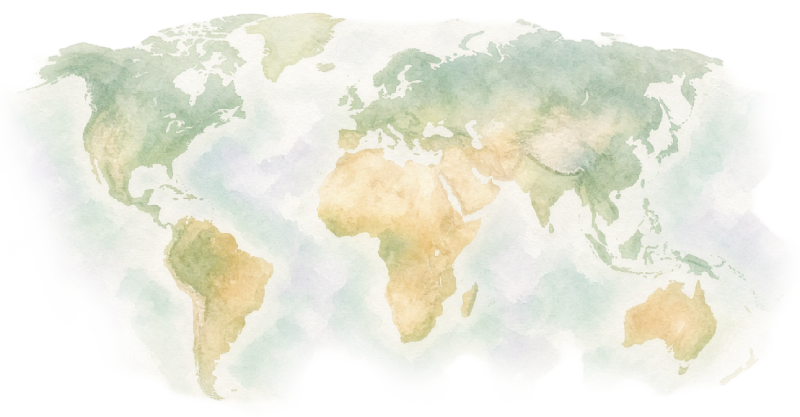 Watercolor world map with learners and teachers